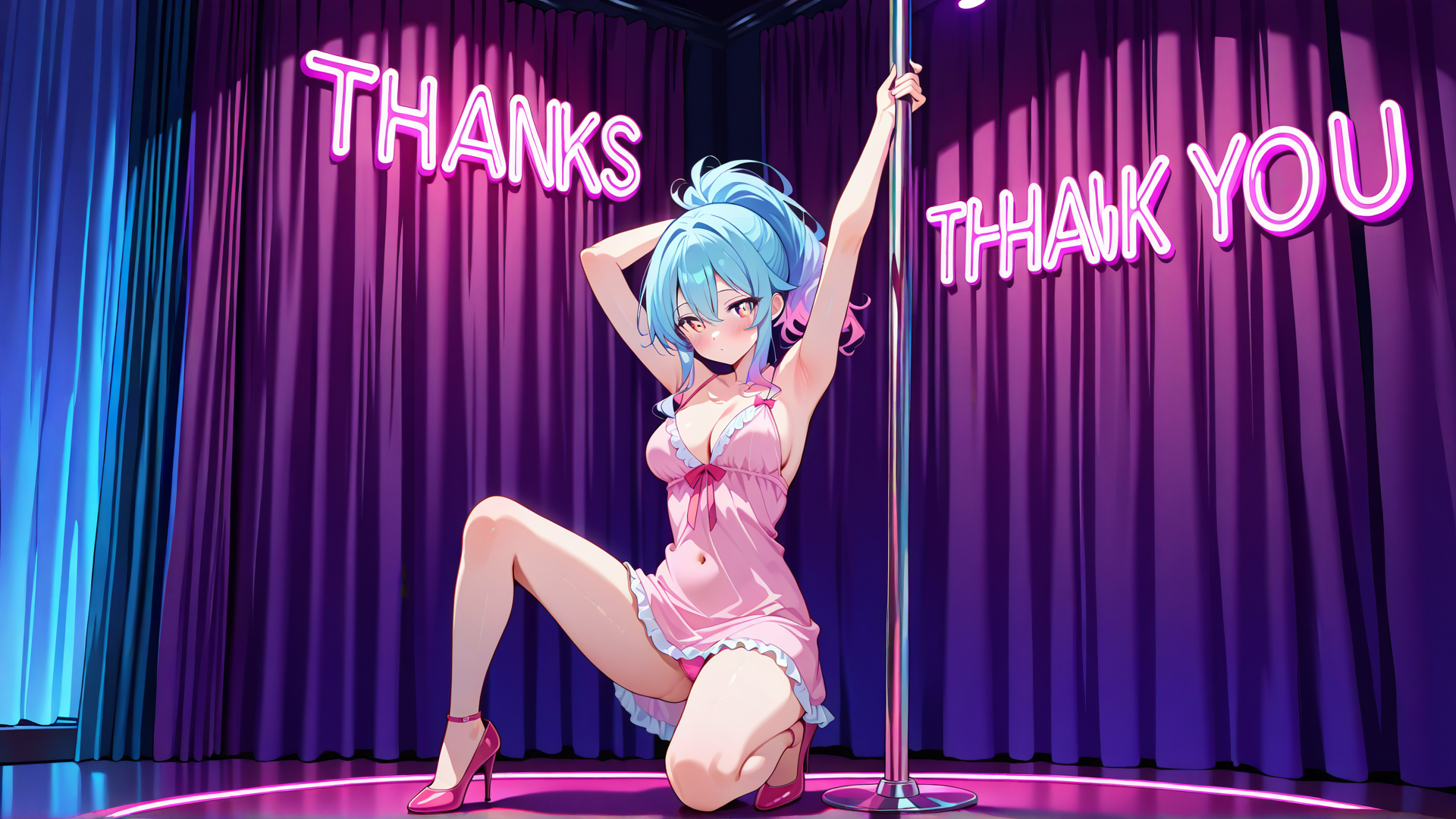 AI generated wallpaper featuring anime girl, pole dancer, neon sign