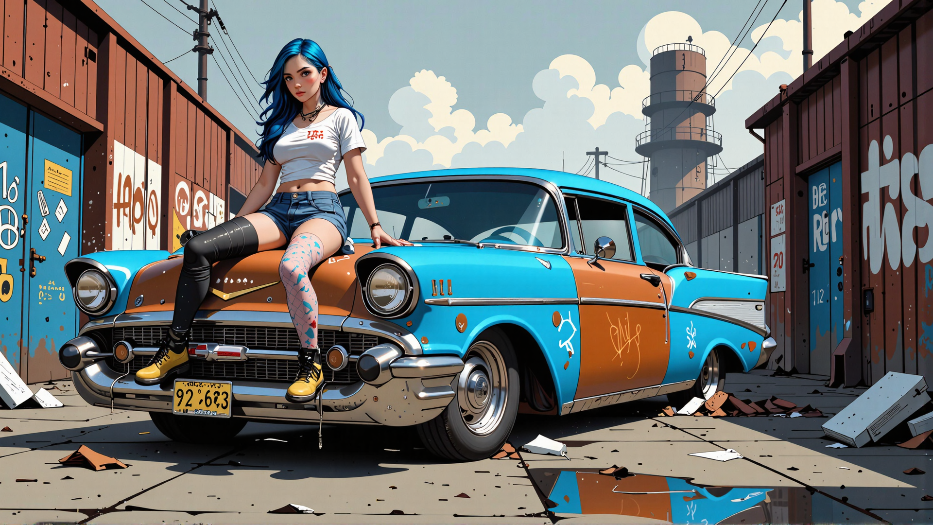 AI generated wallpaper featuring woman, car, graffiti, industrial, urban