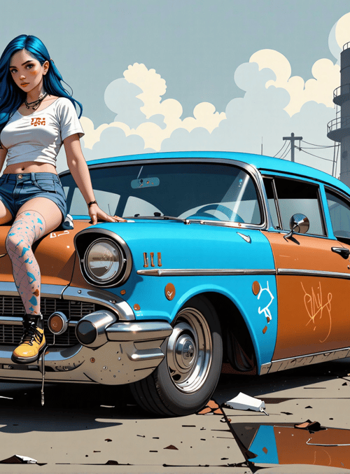woman, car, graffiti, industrial, urban