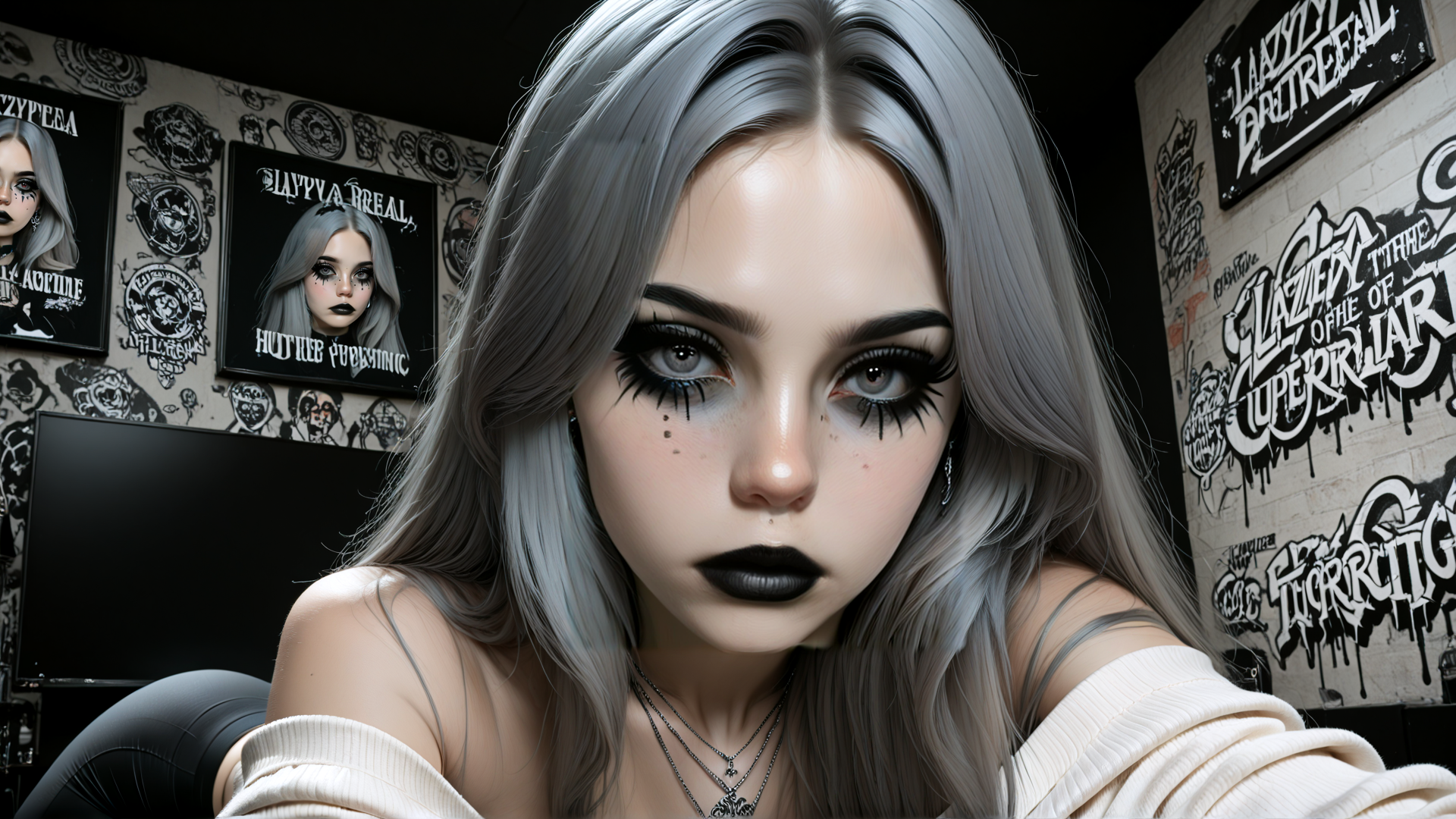 AI generated wallpaper featuring girl, hair, wallpaper, graffiti, poster, necklace, lips, eyebrows, earring, choker