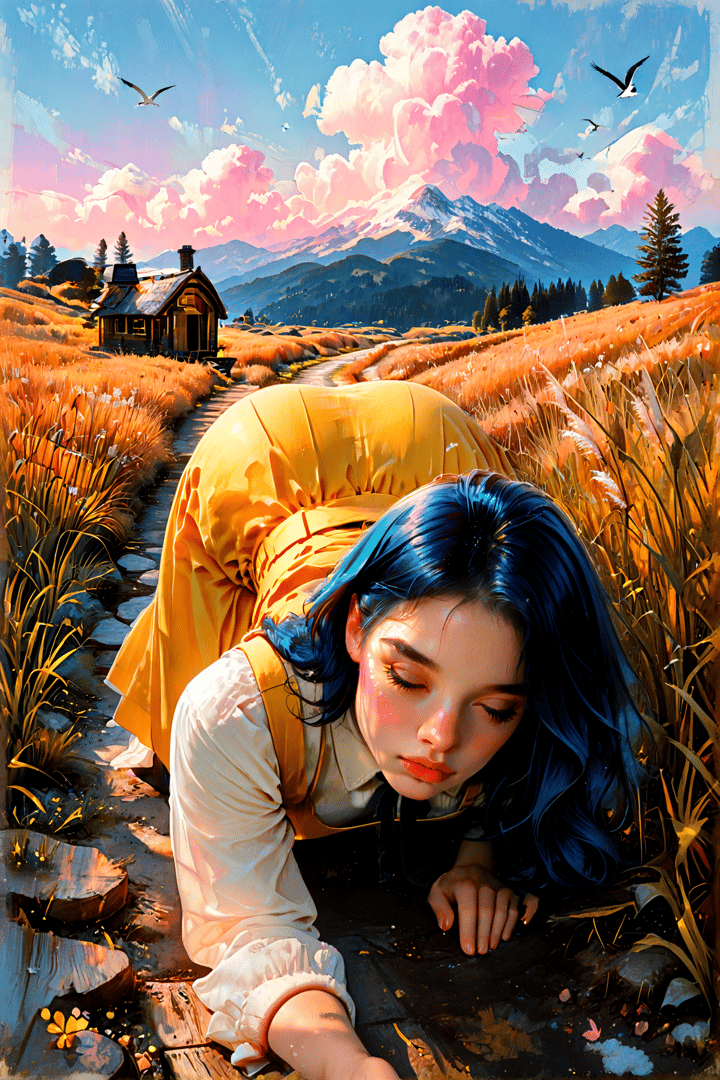 AI generated wallpaper featuring woman, path, house, mountains, clouds, birds, grass, flowers, sunset, sky