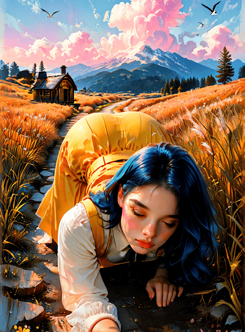 woman, path, house, mountains, clouds, birds, grass, flowers, sunset, sky