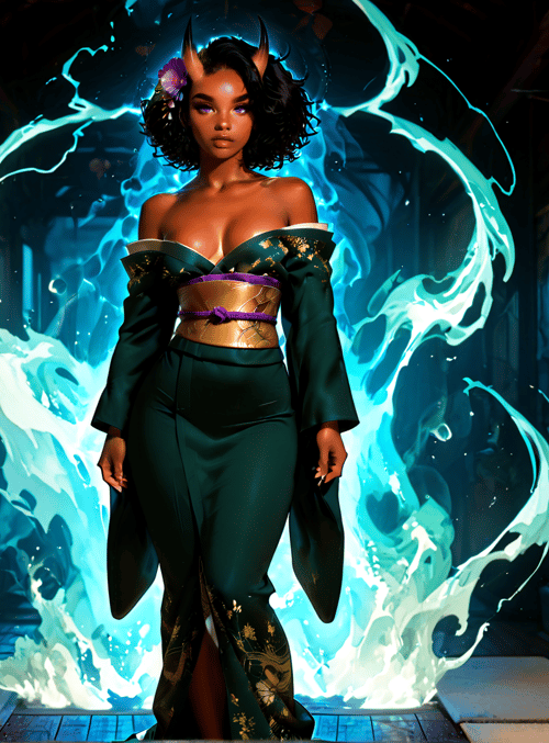 woman, devil, koi, fire, flame, sashimi, japanese, fashion, demon, silk