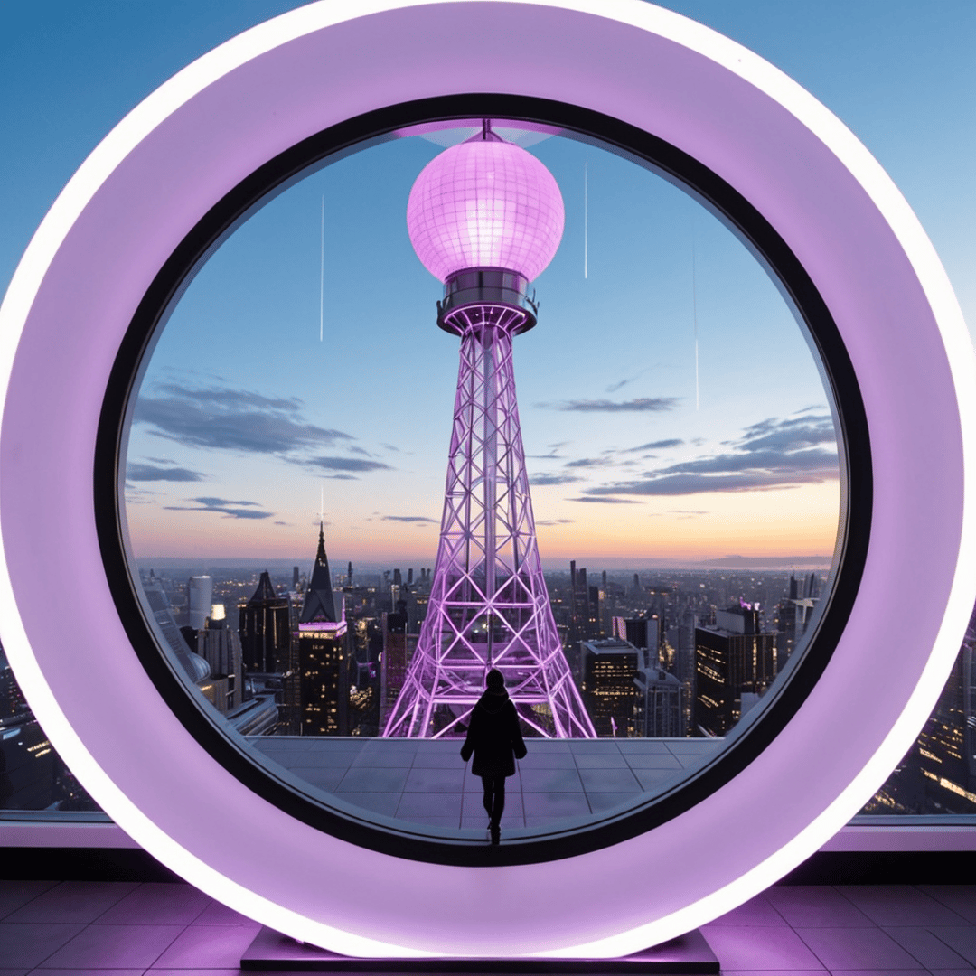 AI generated wallpaper featuring person, tower, city