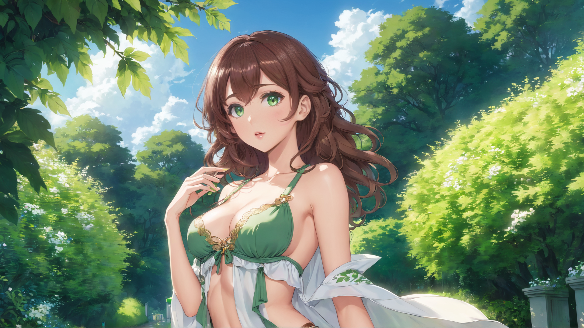 AI generated wallpaper featuring woman, garden, trees