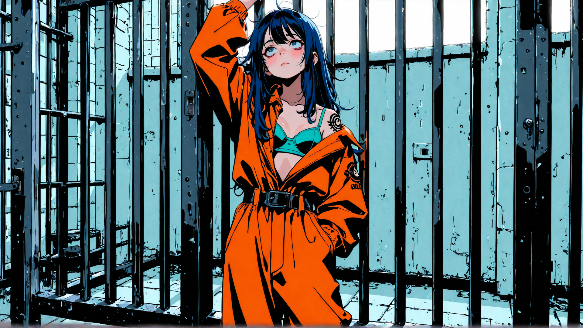 AI generated wallpaper featuring girl, prisoner, jail, orange jumpsuit, blue hair, tattoo