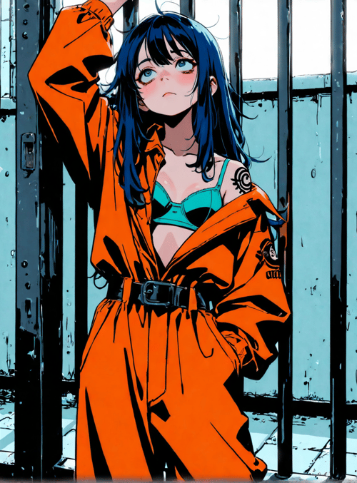girl, prisoner, jail, orange jumpsuit, blue hair, tattoo