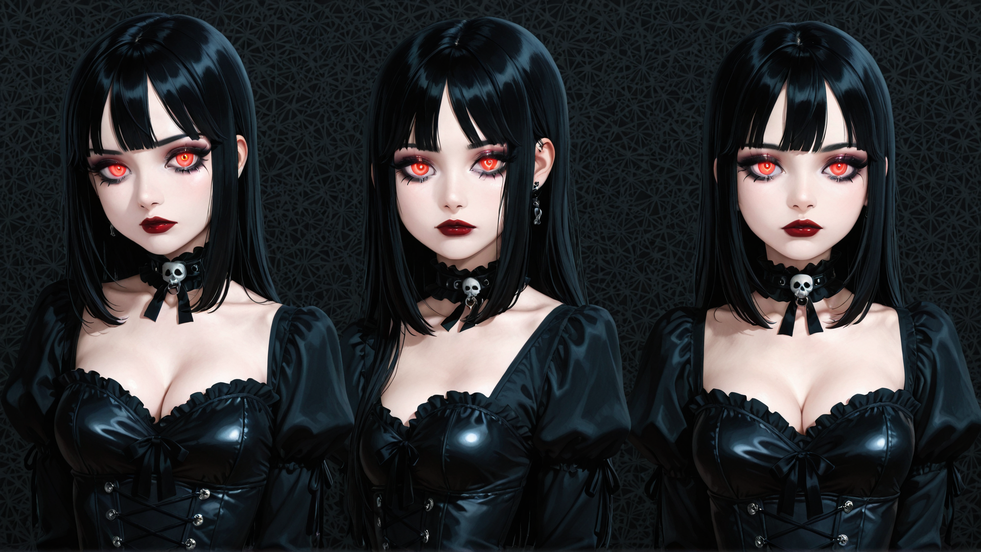 AI generated wallpaper featuring woman, choker, skull, corset, hair