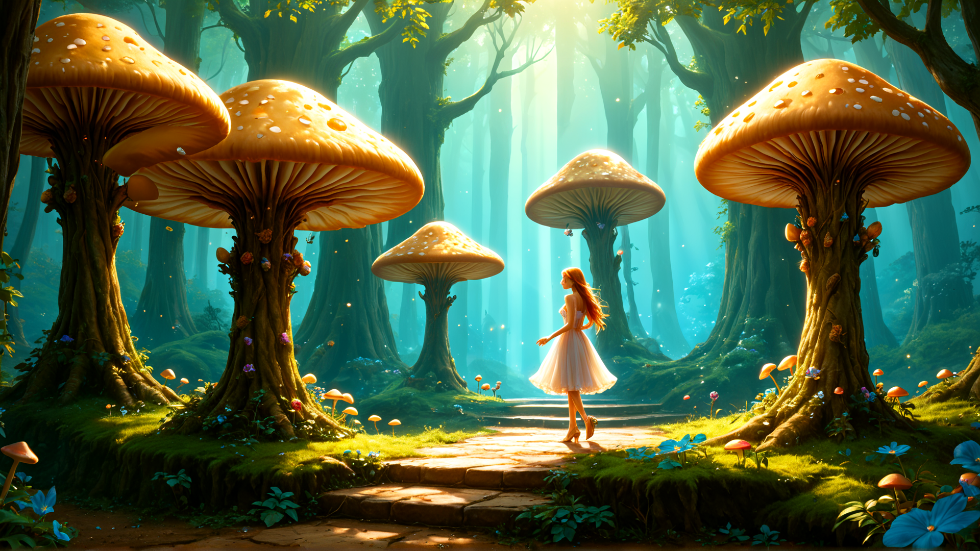 AI generated wallpaper featuring girl, mushroom, forest, trees, path, flowers, sunlight
