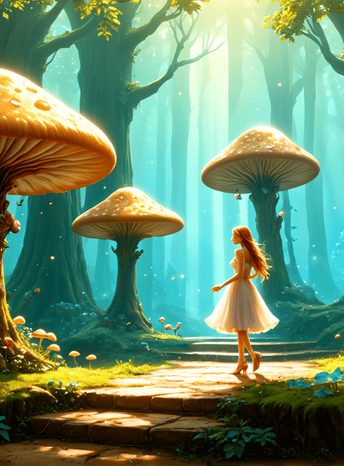 girl, mushroom, forest, trees, path, flowers, sunlight