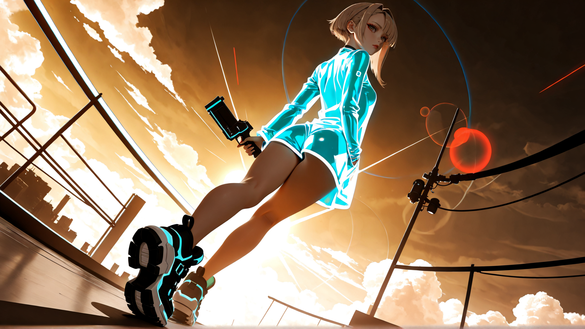 AI generated wallpaper featuring cyborg, woman, gun, sneakers, cityscape