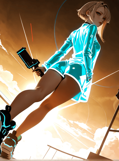 cyborg, woman, gun, sneakers, cityscape