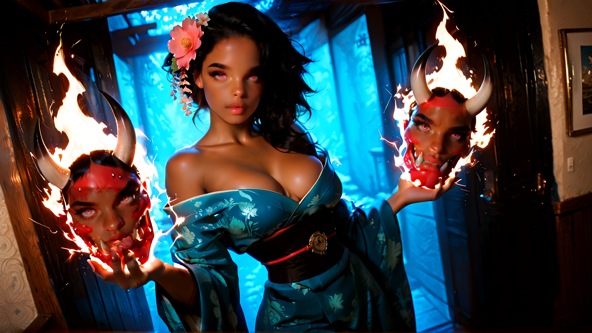 AI generated wallpaper featuring woman, devil mask, flames, flower, kimono, horn, spark, soul, fire, mask