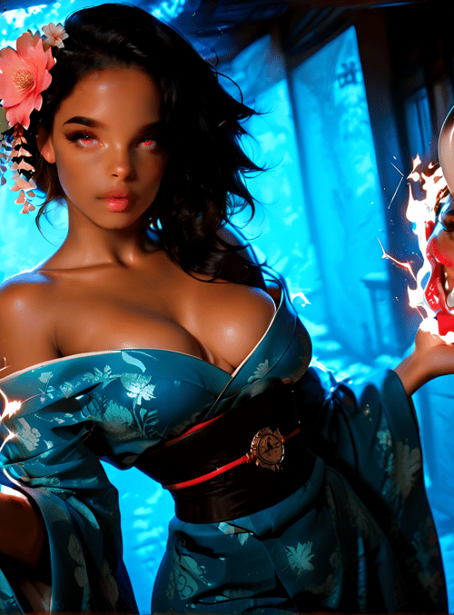woman, devil mask, flames, flower, kimono, horn, spark, soul, fire, mask