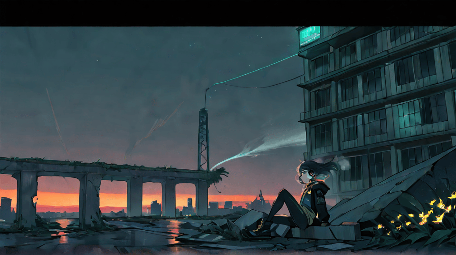 AI generated wallpaper featuring girl, city, ruins