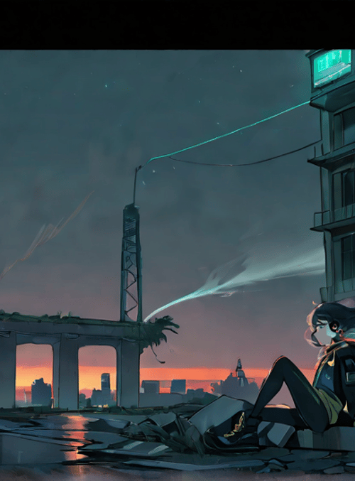 girl, city, ruins