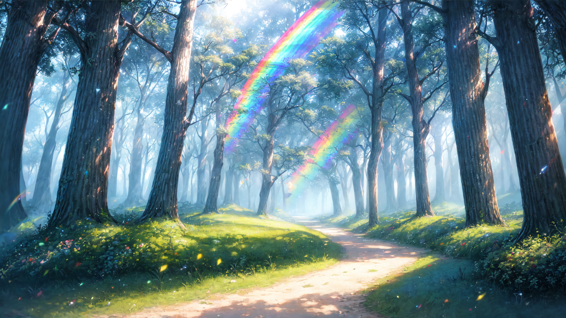 AI generated wallpaper featuring forest, rainbow, path