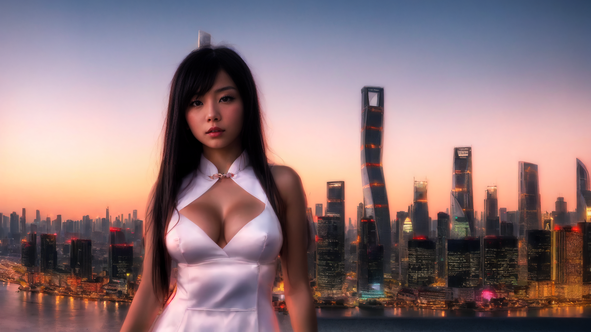 AI generated wallpaper featuring woman, cityscape, dress