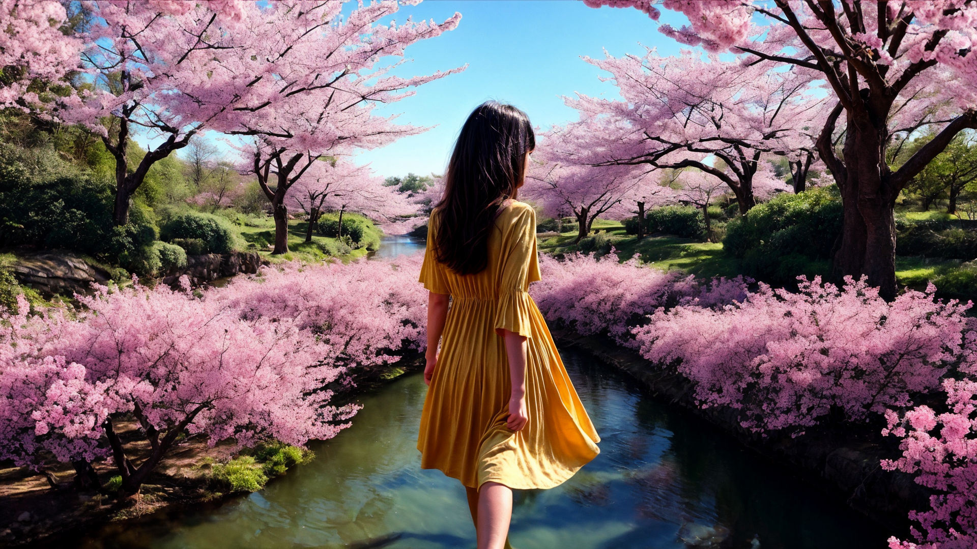 AI generated wallpaper featuring woman, cherry blossoms, river