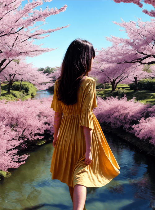 woman, cherry blossoms, river