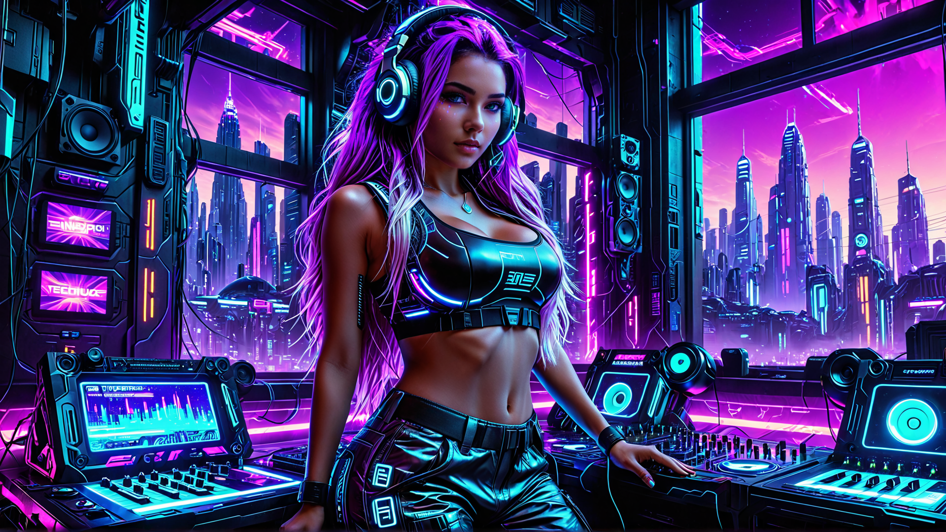 AI generated wallpaper featuring dj, cyberpunk, cityscape