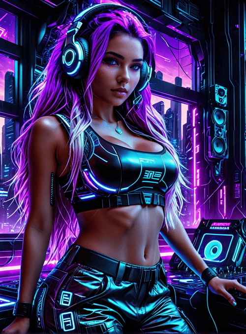 dj, cyberpunk, cityscape