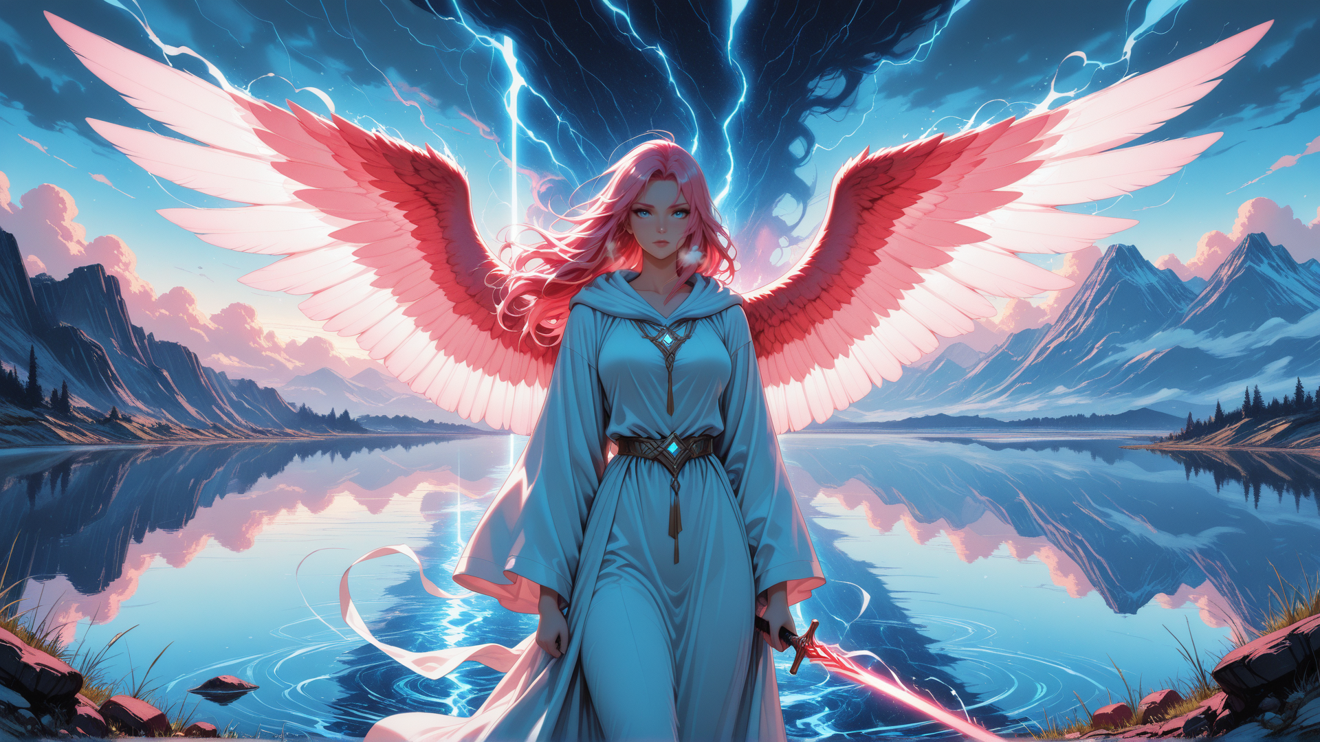 AI generated wallpaper featuring angel, woman, sword, wings, mountains, lake