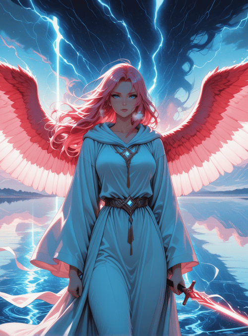 angel, woman, sword, wings, mountains, lake