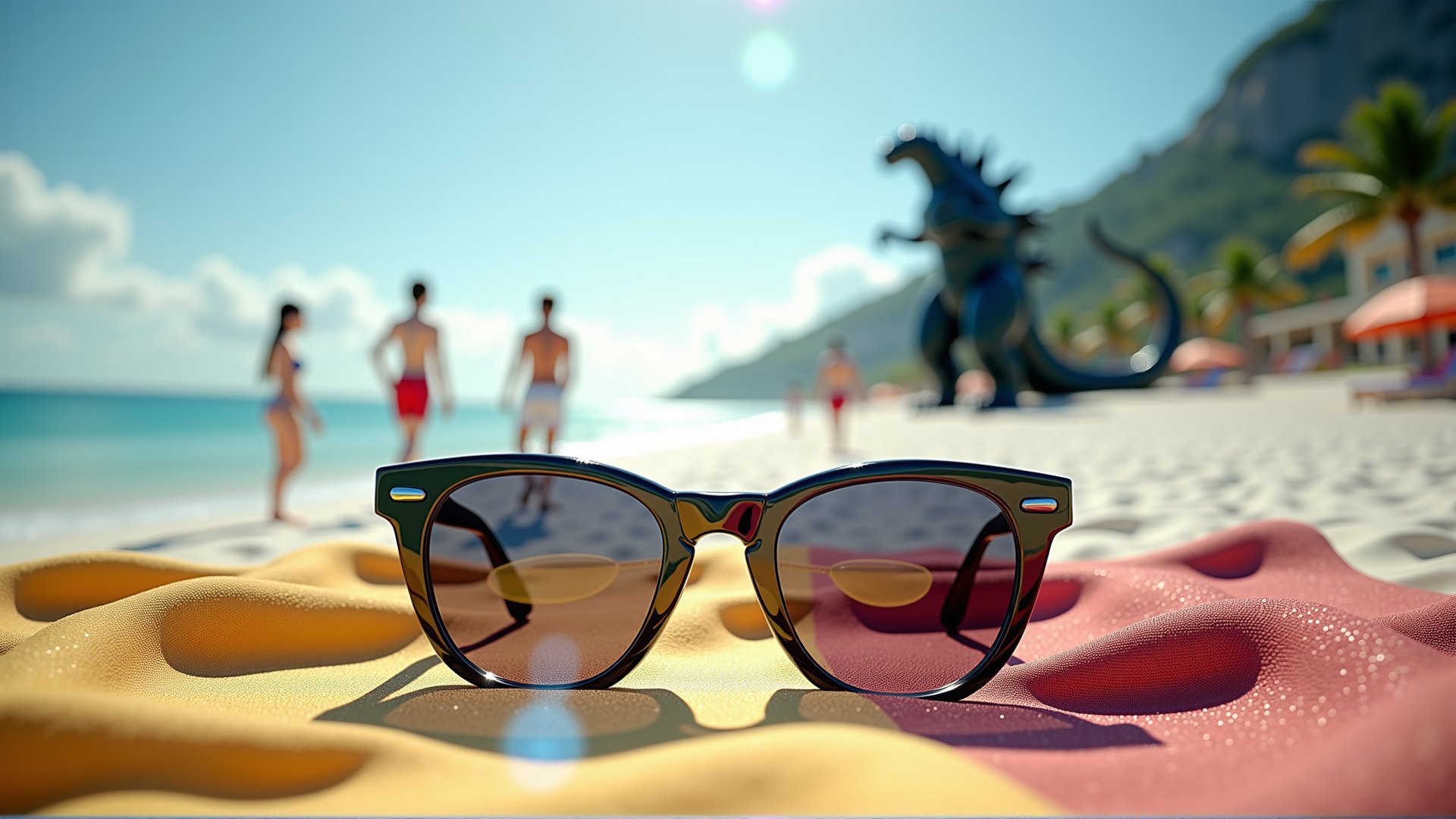 AI generated wallpaper featuring sunglasses, beach, dinosaur