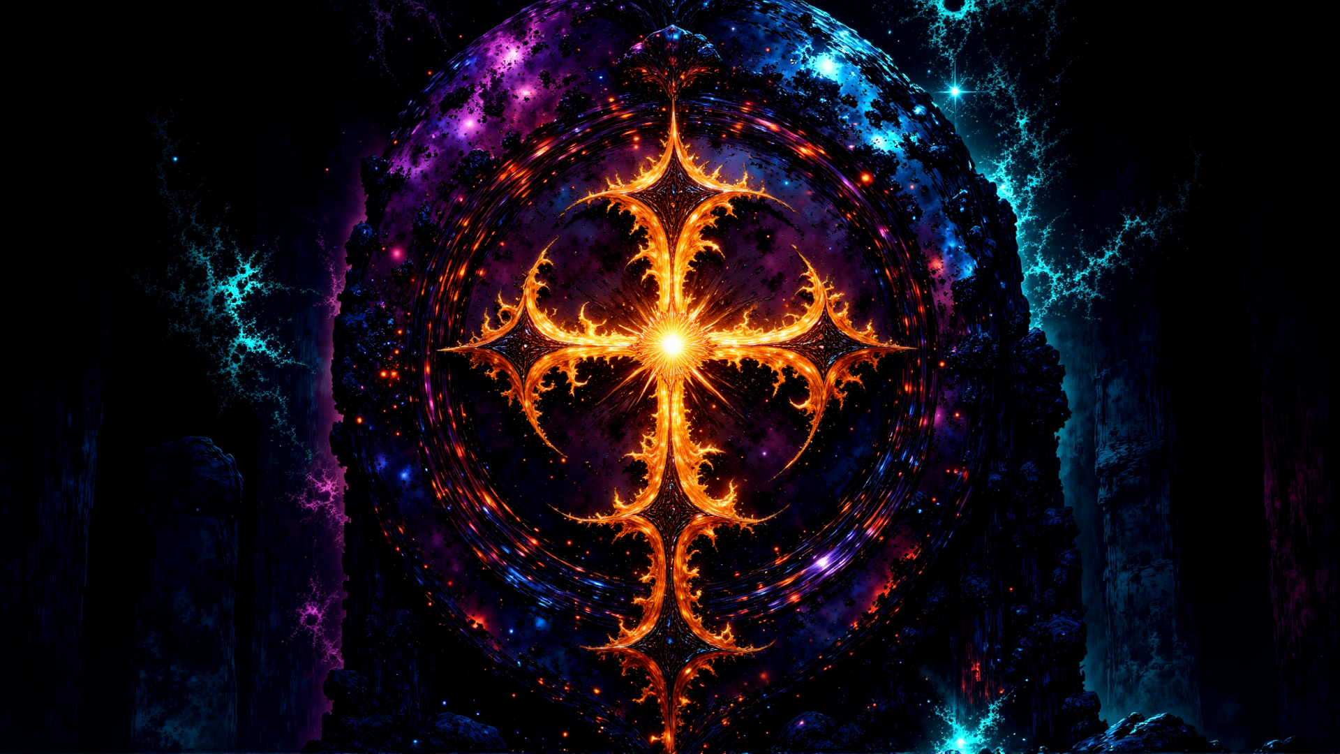 AI generated wallpaper featuring cosmic, mandala, galaxy, sphere, fractal, portal