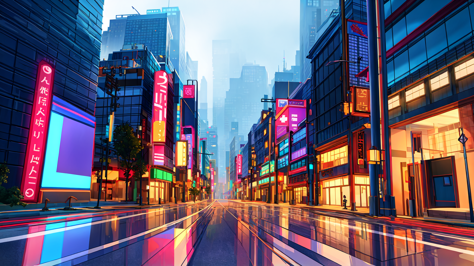 AI generated wallpaper featuring city street, neon signs, skyscrapers, buildings, road, shops, banners, windows, trees, streetlights