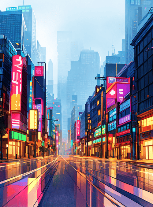 city street, neon signs, skyscrapers, buildings, road, shops, banners, windows, trees, streetlights