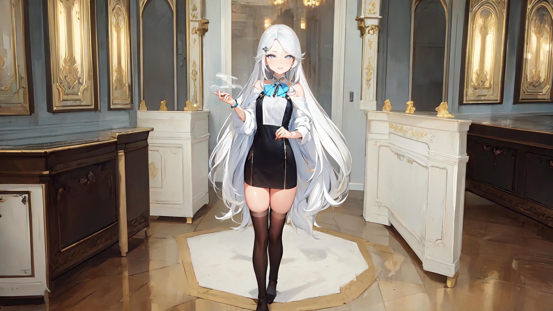 AI generated wallpaper featuring anime girl, fashion, chandelier
