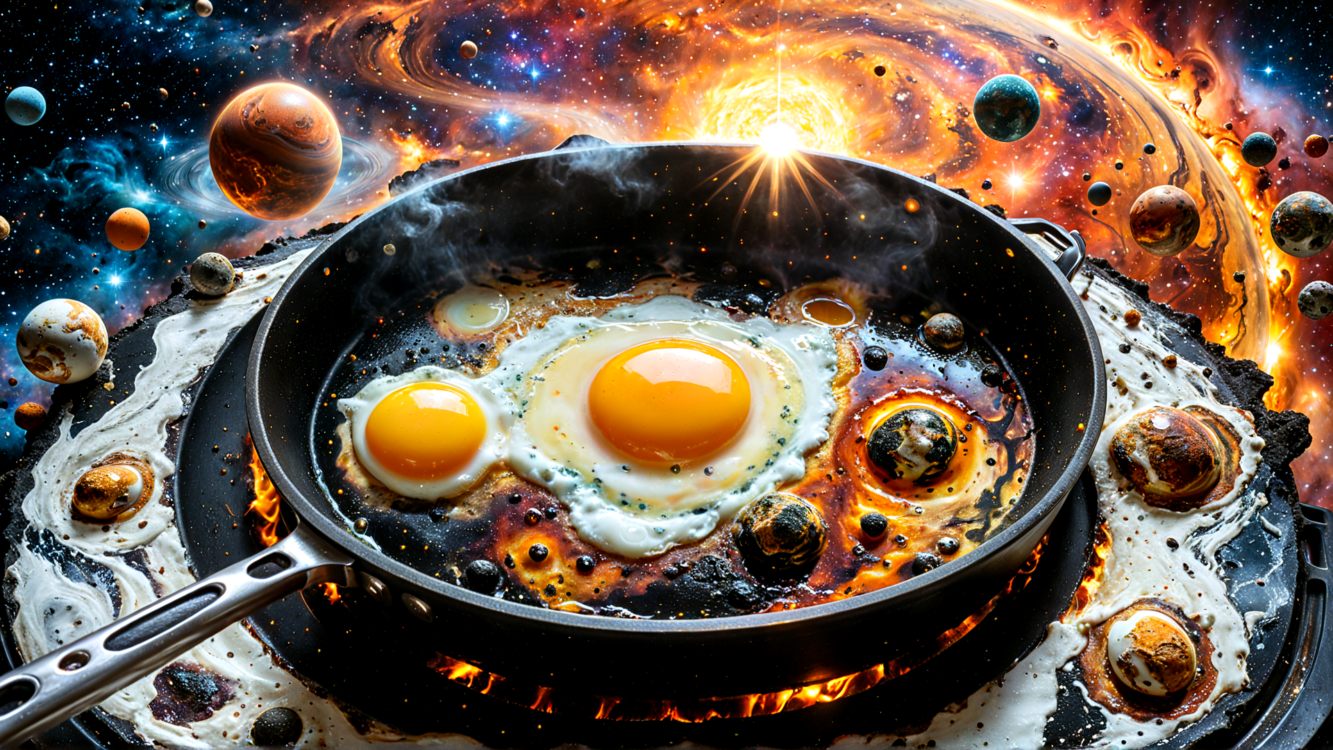 AI generated wallpaper featuring egg, pan, universe