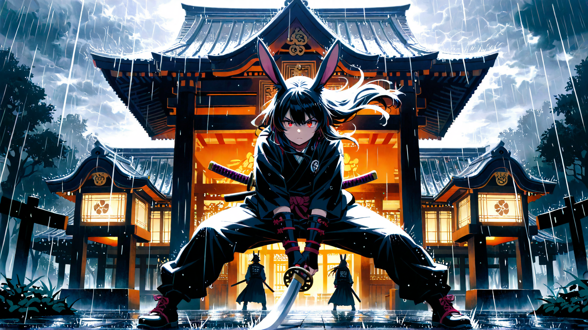 AI generated wallpaper featuring rabbit ears, samurai, sword, shinto shrine, rain, anime character, knee pads, traditional outfit, banners, torii gate
