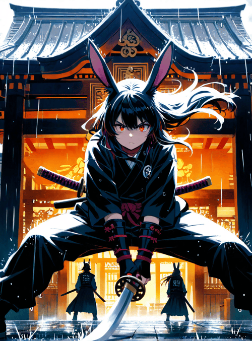 rabbit ears, samurai, sword, shinto shrine, rain, anime character, knee pads, traditional outfit, banners, torii gate