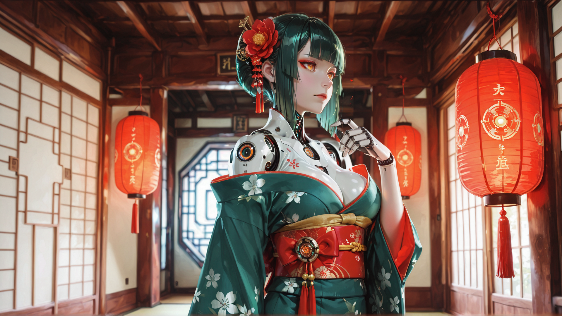 AI generated wallpaper featuring cyborg, geisha, robot, lantern, kimono, flower, glove, traditional, japanese, mechanical