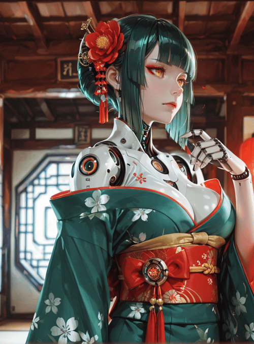cyborg, geisha, robot, lantern, kimono, flower, glove, traditional, japanese, mechanical