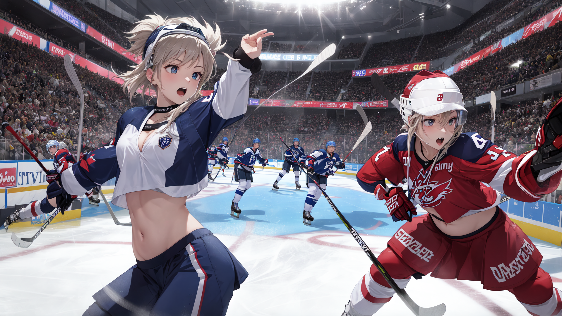AI generated wallpaper featuring hockey players, anime characters, ice rink, skaters, gloves, pucks, crowd, stadium, jerseys, helmets