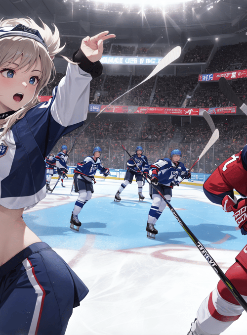 hockey players, anime characters, ice rink, skaters, gloves, pucks, crowd, stadium, jerseys, helmets