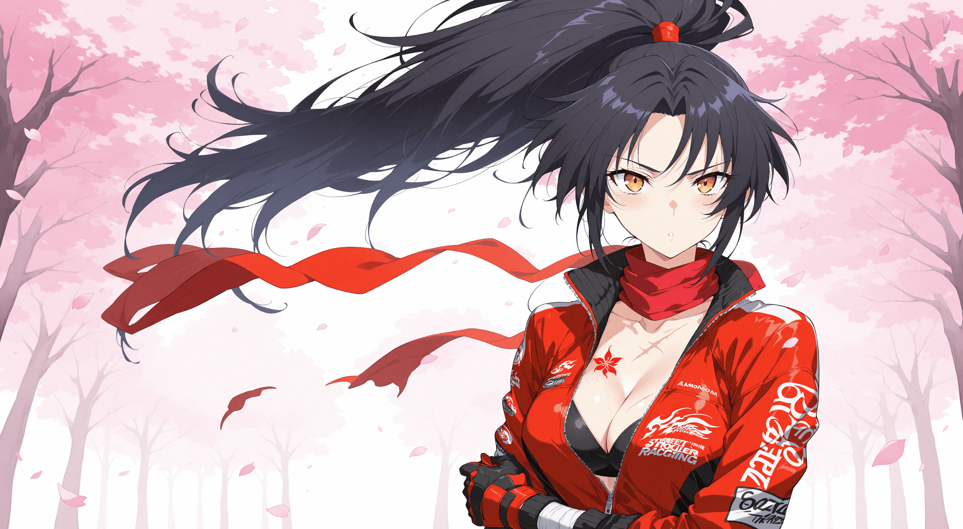 AI generated wallpaper featuring anime girl, racer, cherry blossoms