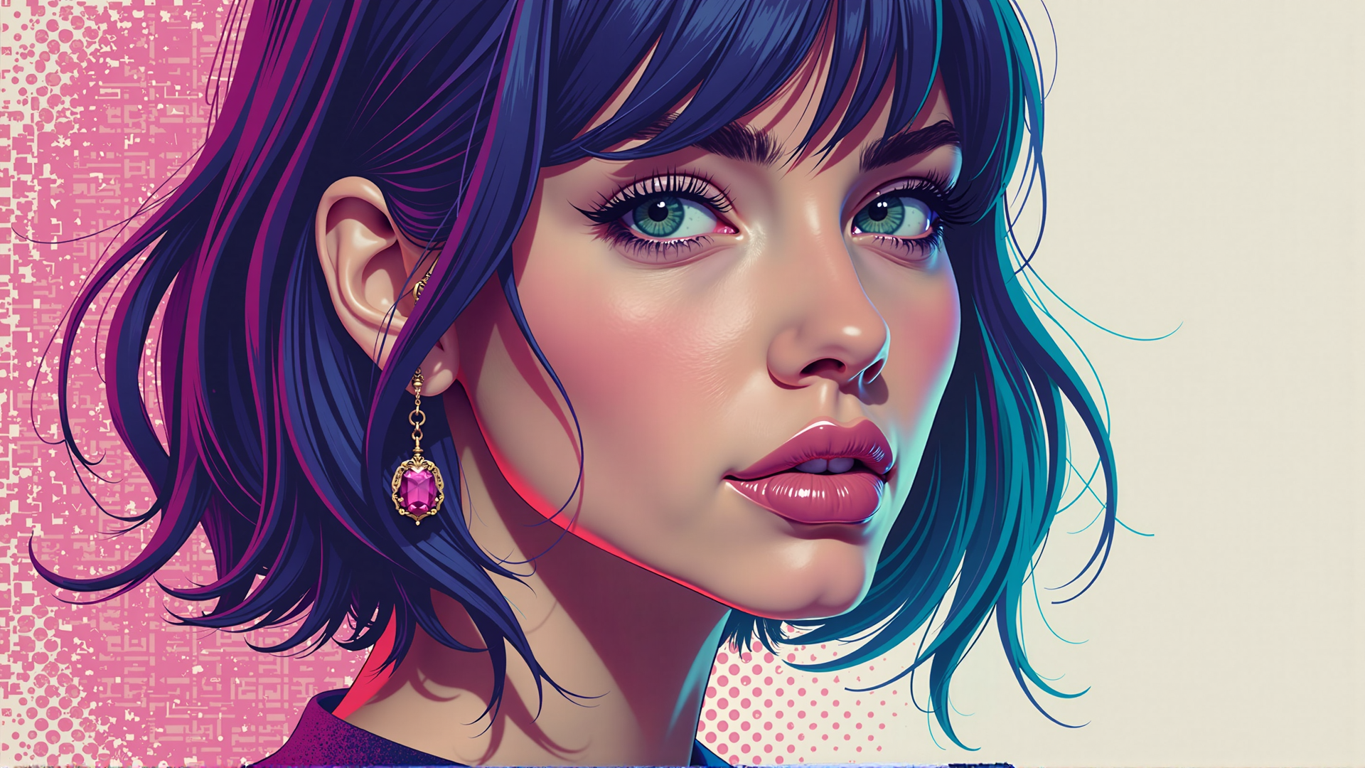 AI generated wallpaper featuring woman, hair, earrings, face, neck