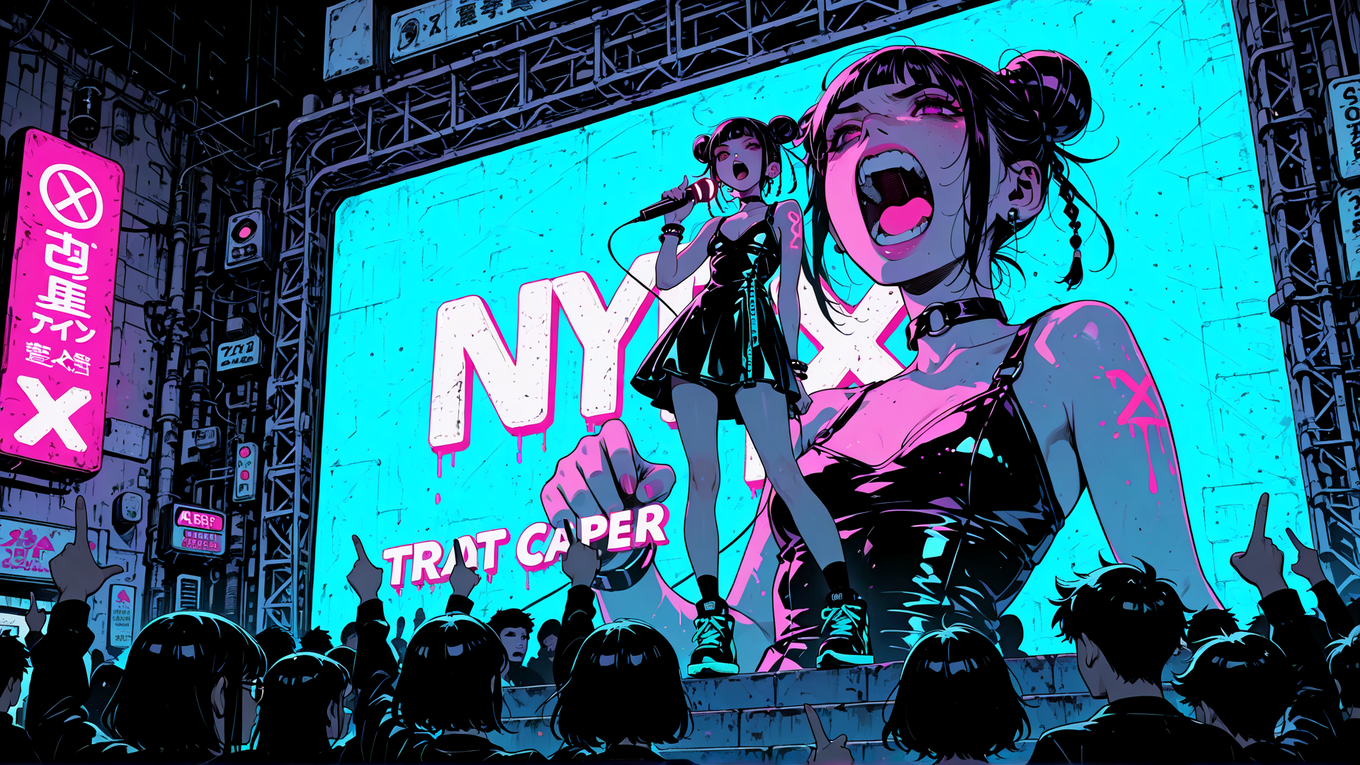 AI generated wallpaper featuring girl, stage, crowd, microphone, screen, signs, city, slogan, character, fashion