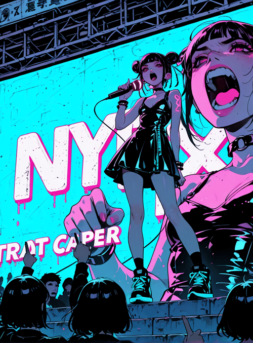 girl, stage, crowd, microphone, screen, signs, city, slogan, character, fashion
