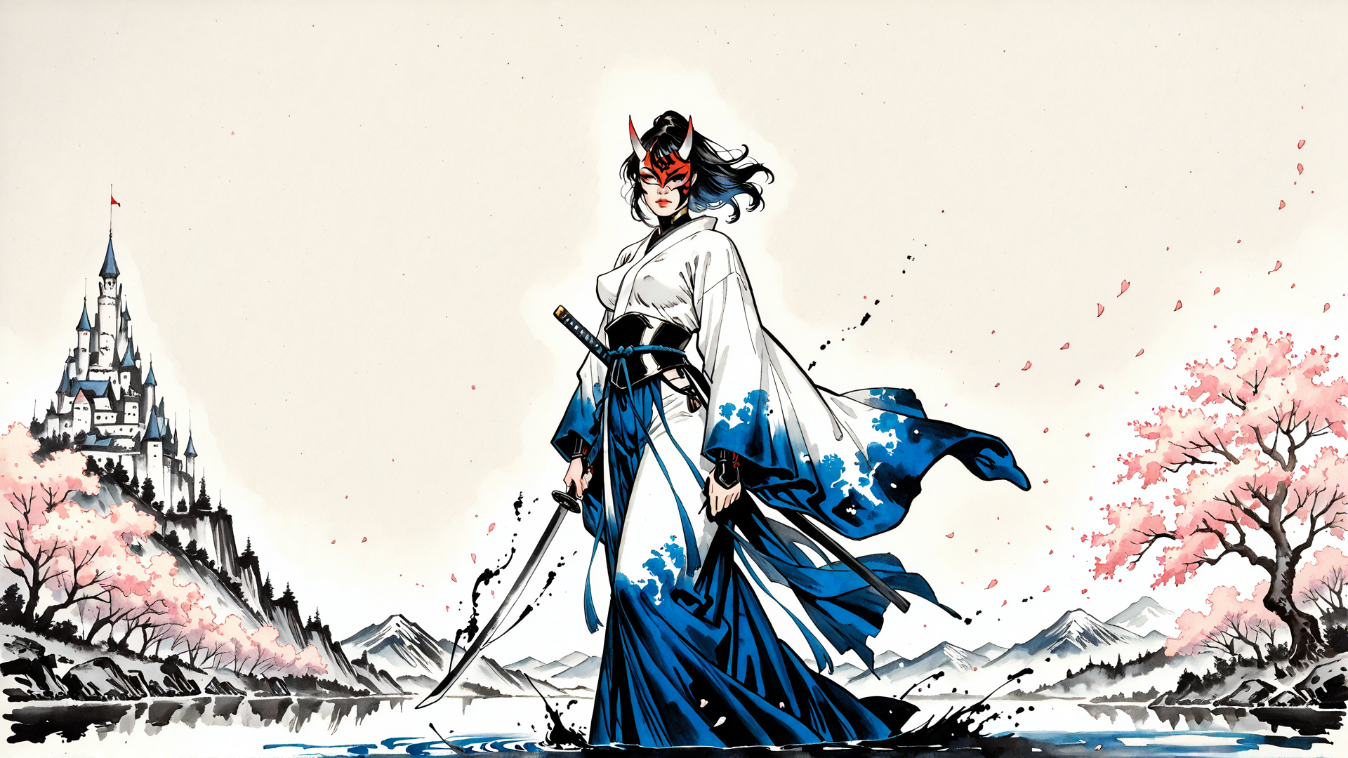 AI generated wallpaper featuring samurai, woman, castle, cherry blossom, sword, dragon, koi, mountain, river, mask