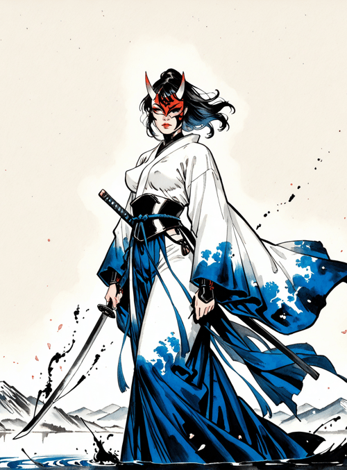 samurai, woman, castle, cherry blossom, sword, dragon, koi, mountain, river, mask