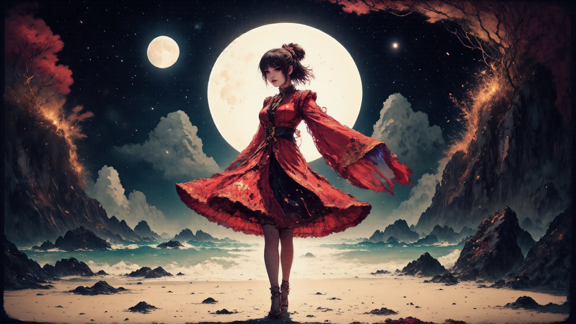 AI generated wallpaper featuring woman, dress, moon