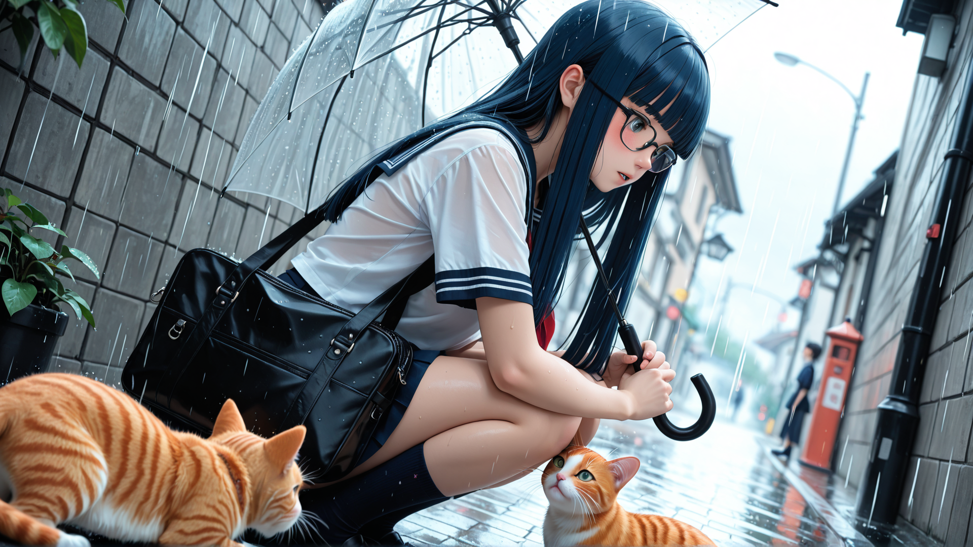 AI generated wallpaper featuring girl, cat, umbrella, rain, school uniform, street
