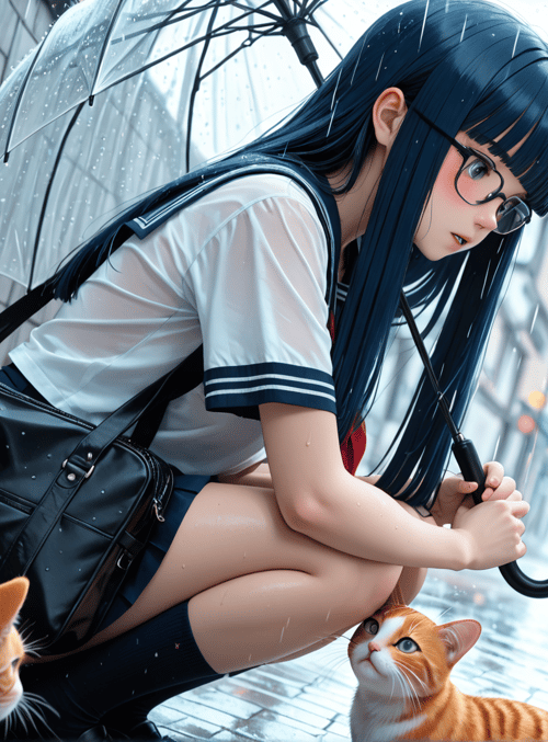 girl, cat, umbrella, rain, school uniform, street