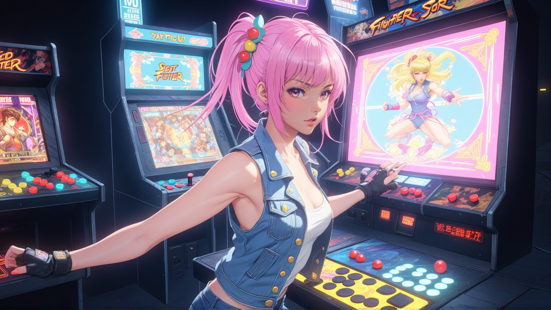 AI generated wallpaper featuring girl, arcade, game